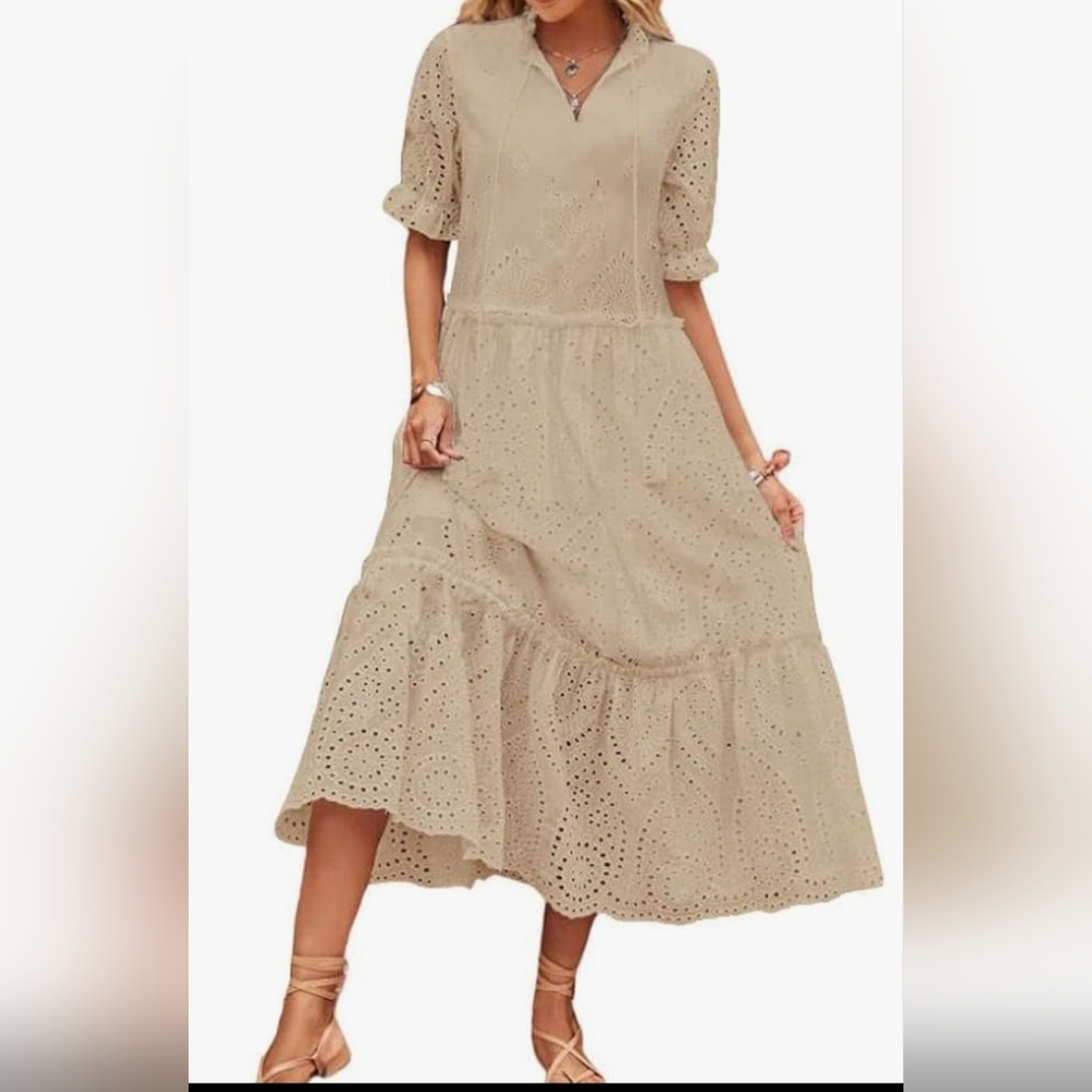 New WT Women's Summer Boho Embroidery Eyelet Dress V-Neck Collared Tiered Midi